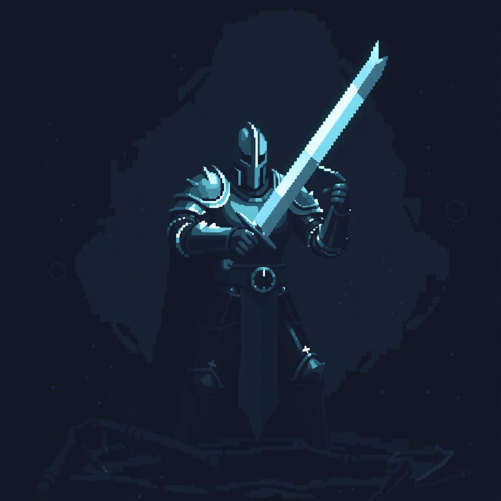 A knight in full armor wielding a sword, depicted in a pixel art style