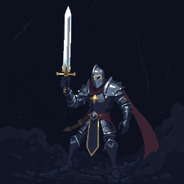 A knight in full armor wielding a sword, depicted in a pixel art style