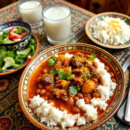 A delicious Persian dish called Ghormeh Sabzi, showcasing a rich and aromatic stew made with fresh herbs, kidney beans, tender chunks of beef, and dried limes