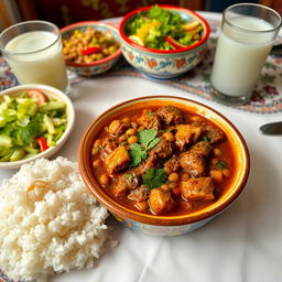 A delicious Persian dish called Ghormeh Sabzi, showcasing a rich and aromatic stew made with fresh herbs, kidney beans, tender chunks of beef, and dried limes