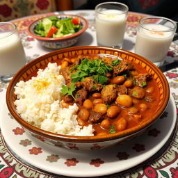 A delicious Persian dish called Ghormeh Sabzi, showcasing a rich and aromatic stew made with fresh herbs, kidney beans, tender chunks of beef, and dried limes