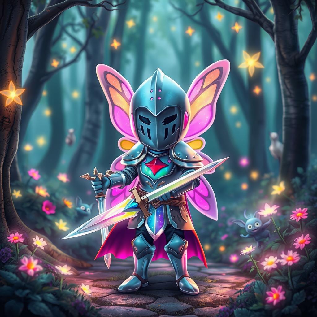 A whimsical knight character adorned in colorful pixie-inspired armor, standing in a magical forest filled with glowing flowers and twinkling lights