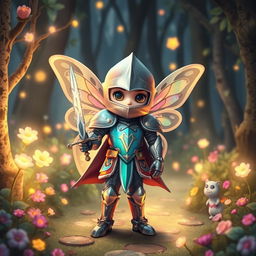 A whimsical knight character adorned in colorful pixie-inspired armor, standing in a magical forest filled with glowing flowers and twinkling lights