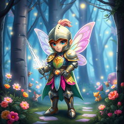 A whimsical knight character adorned in colorful pixie-inspired armor, standing in a magical forest filled with glowing flowers and twinkling lights
