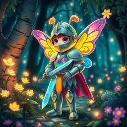 A whimsical knight character adorned in colorful pixie-inspired armor, standing in a magical forest filled with glowing flowers and twinkling lights