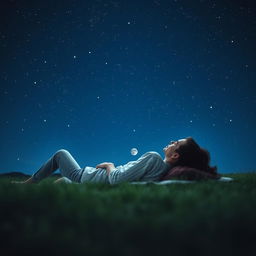 A romantic night-time scene featuring a couple lying on a blanket of soft green grass, gazing up at a sparkling sky filled with countless stars