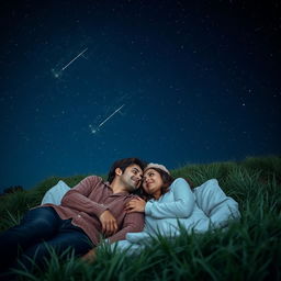 A romantic night-time scene featuring a couple lying on a blanket of soft green grass, gazing up at a sparkling sky filled with countless stars