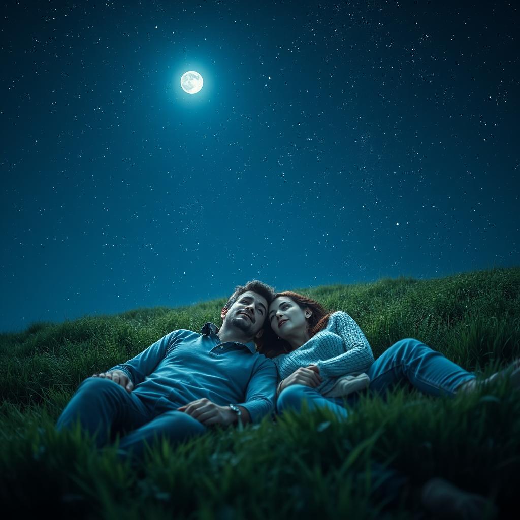 A romantic night-time scene featuring a couple lying on a blanket of soft green grass, gazing up at a sparkling sky filled with countless stars