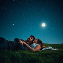 A romantic night-time scene featuring a couple lying on a blanket of soft green grass, gazing up at a sparkling sky filled with countless stars