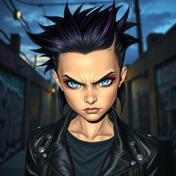 A girl with striking black and purple hair styled in an edgy fashion, her intense blue eyes glimmer with anger