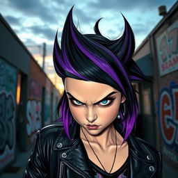 A girl with striking black and purple hair styled in an edgy fashion, her intense blue eyes glimmer with anger