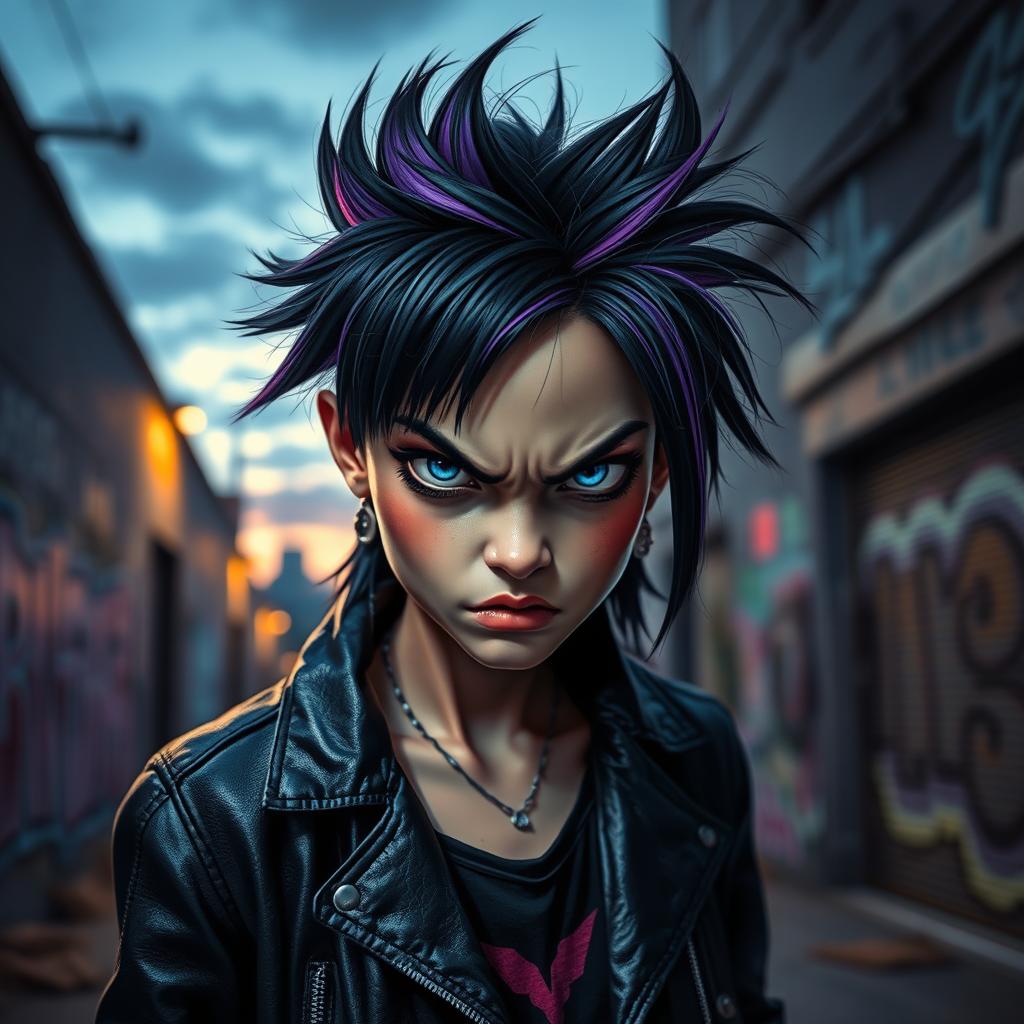 A girl with striking black and purple hair styled in an edgy fashion, her intense blue eyes glimmer with anger