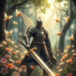 A beautifully illustrated scene featuring a knight adorned in intricate armor, delicately etched with patterns of leaves and vines, capturing the essence of pixie art