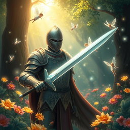 A beautifully illustrated scene featuring a knight adorned in intricate armor, delicately etched with patterns of leaves and vines, capturing the essence of pixie art