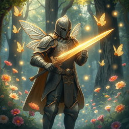 A beautifully illustrated scene featuring a knight adorned in intricate armor, delicately etched with patterns of leaves and vines, capturing the essence of pixie art