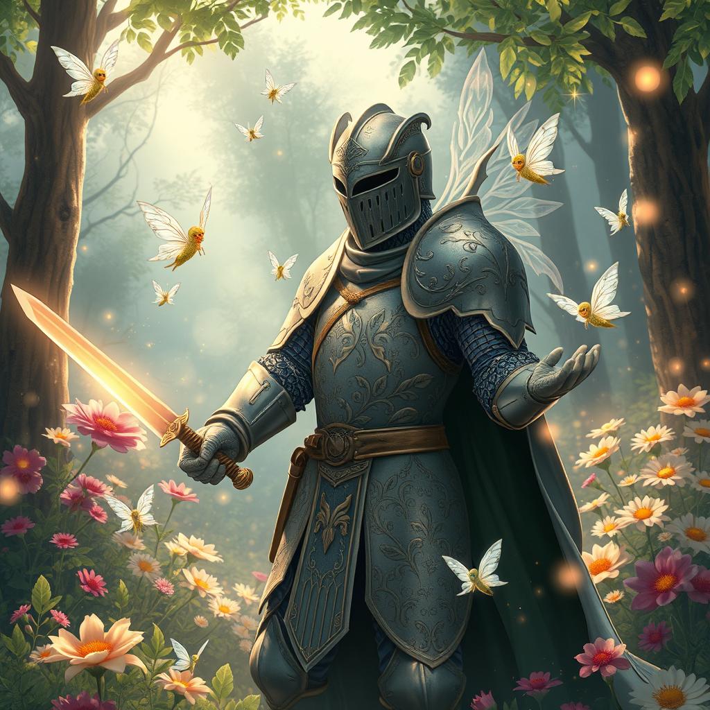 A beautifully illustrated scene featuring a knight adorned in intricate armor, delicately etched with patterns of leaves and vines, capturing the essence of pixie art