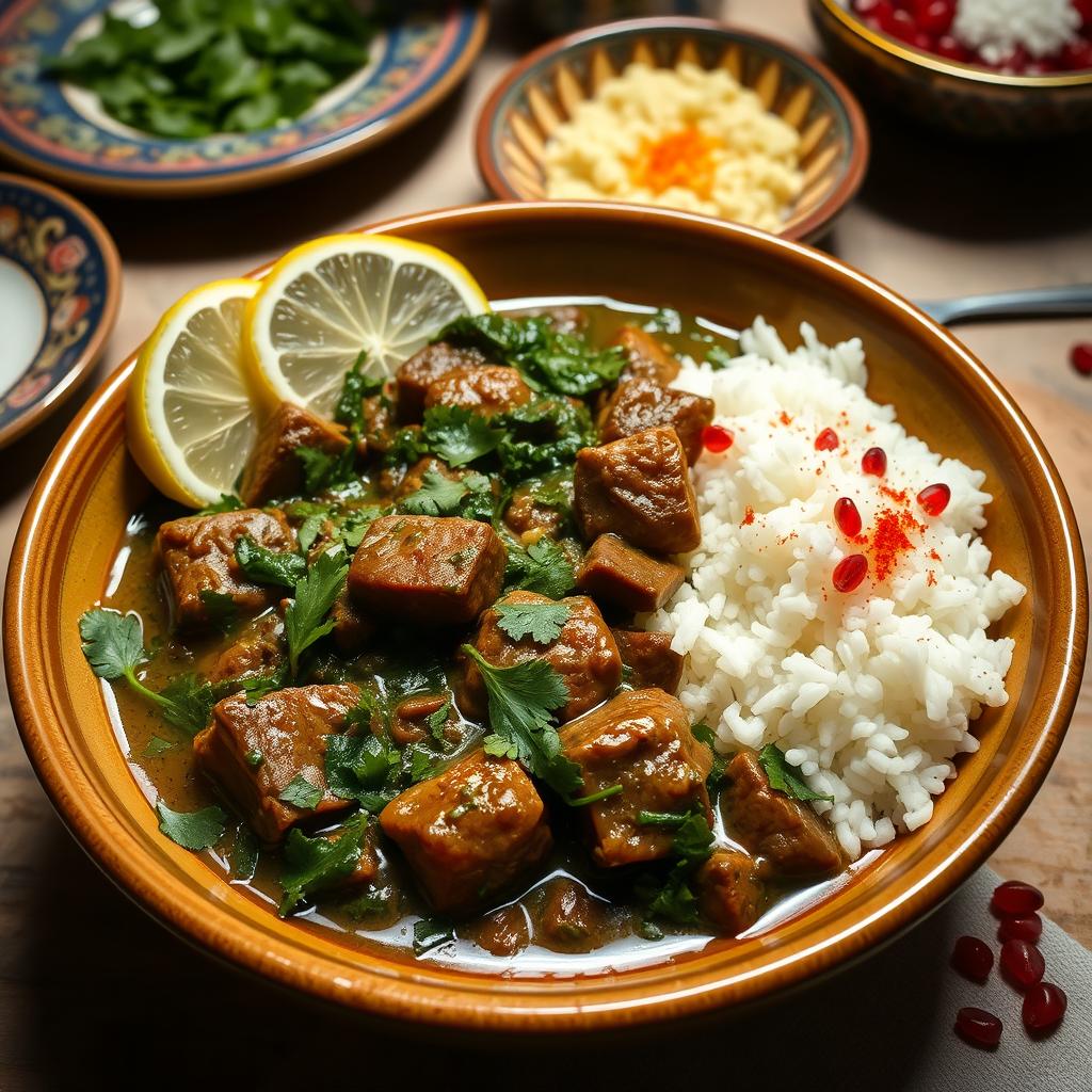 A delicious bowl of Ghorme Sabzi with spinach, featuring tender chunks of beef stewed with a vibrant green mix of herbs including parsley, cilantro, and fenugreek