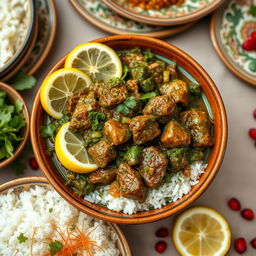 A delicious bowl of Ghorme Sabzi with spinach, featuring tender chunks of beef stewed with a vibrant green mix of herbs including parsley, cilantro, and fenugreek