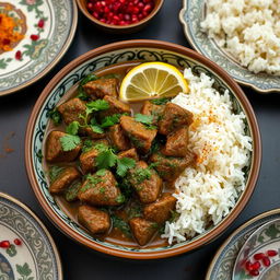 A delicious bowl of Ghorme Sabzi with spinach, featuring tender chunks of beef stewed with a vibrant green mix of herbs including parsley, cilantro, and fenugreek