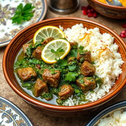 A delicious bowl of Ghorme Sabzi with spinach, featuring tender chunks of beef stewed with a vibrant green mix of herbs including parsley, cilantro, and fenugreek