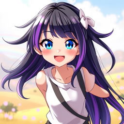 A girl with striking black and purple hair, vibrant blue eyes, and a joyful expression