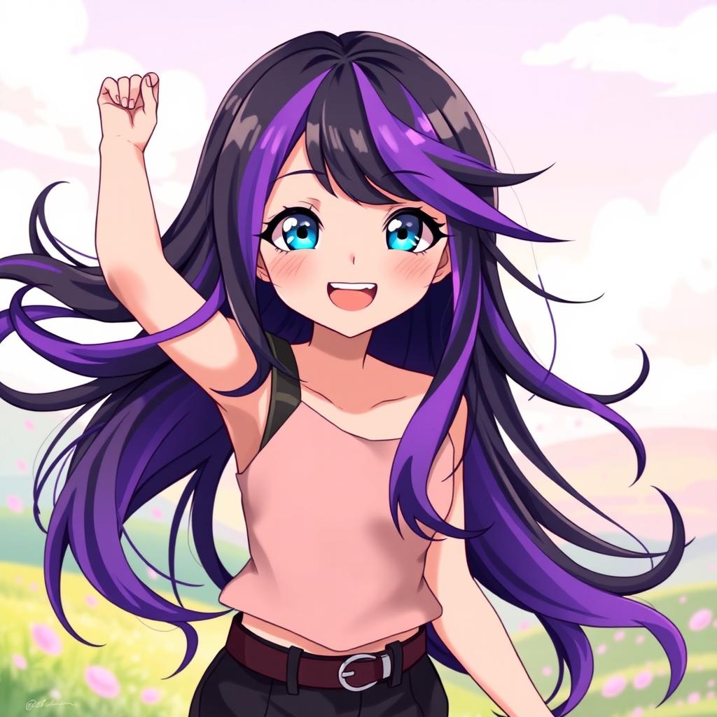 A girl with striking black and purple hair, vibrant blue eyes, and a joyful expression