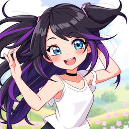 A girl with striking black and purple hair, vibrant blue eyes, and a joyful expression