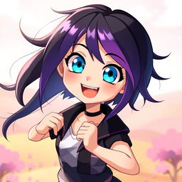 A girl with striking black and purple hair, vibrant blue eyes, and a joyful expression