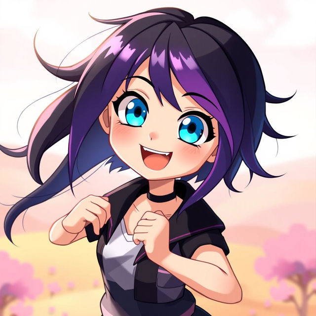 A girl with striking black and purple hair, vibrant blue eyes, and a joyful expression