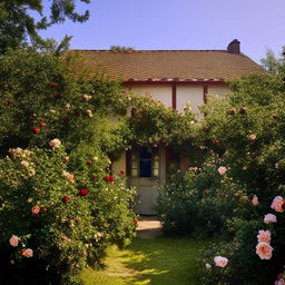 An idyllic cottage with a blooming rose garden under a summer afternoon sky