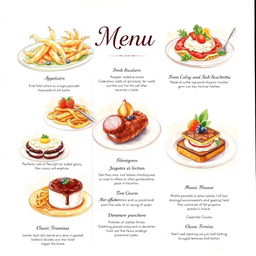 A beautifully illustrated food menu showcasing a variety of exquisite dishes