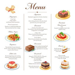 A beautifully illustrated food menu showcasing a variety of exquisite dishes