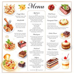 A beautifully illustrated food menu showcasing a variety of exquisite dishes