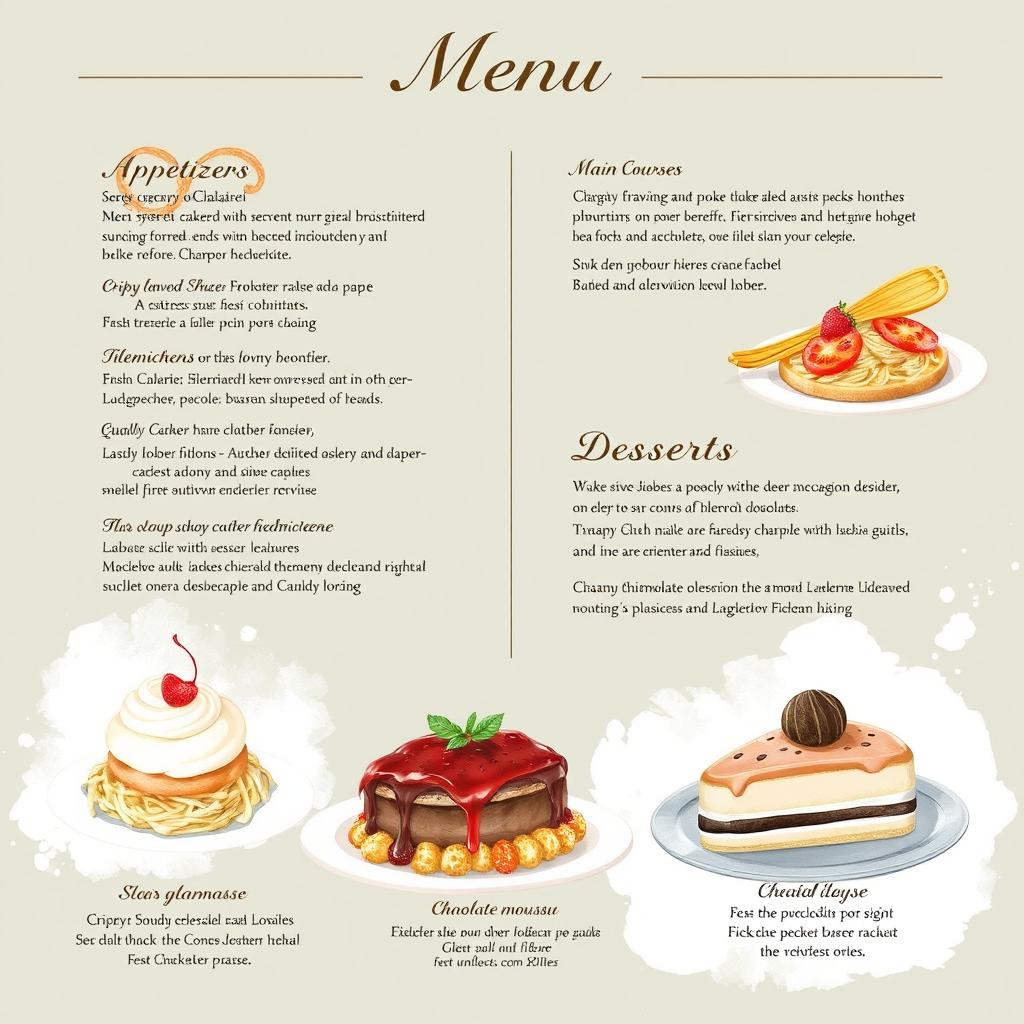 A beautifully illustrated food menu showcasing a variety of exquisite dishes