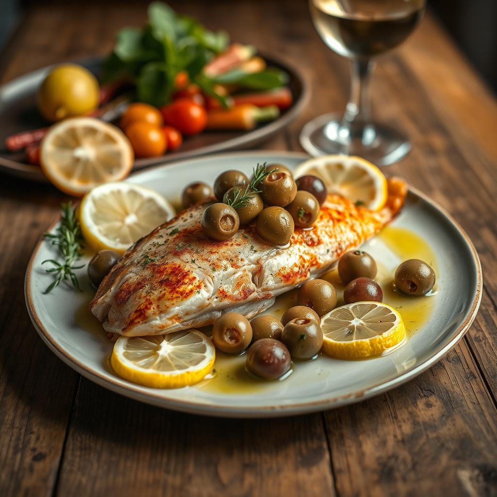 A beautifully plated fish fillet topped with olives and lemon slices, served on a rustic wooden table