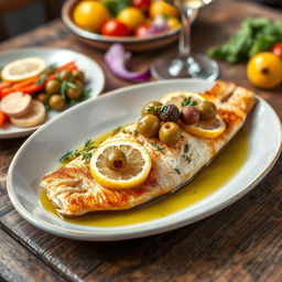 A beautifully plated fish fillet topped with olives and lemon slices, served on a rustic wooden table