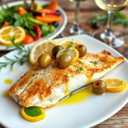 A beautifully plated fish fillet topped with olives and lemon slices, served on a rustic wooden table