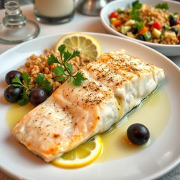 A beautifully plated Greek-style fish dish featuring lemon and olives