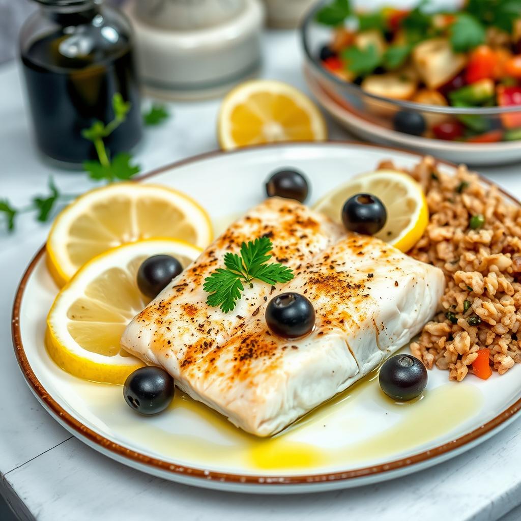 A beautifully plated Greek-style fish dish featuring lemon and olives