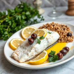 A beautifully plated Greek-style fish dish featuring lemon and olives
