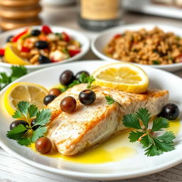 A beautifully plated Greek-style fish dish featuring lemon and olives