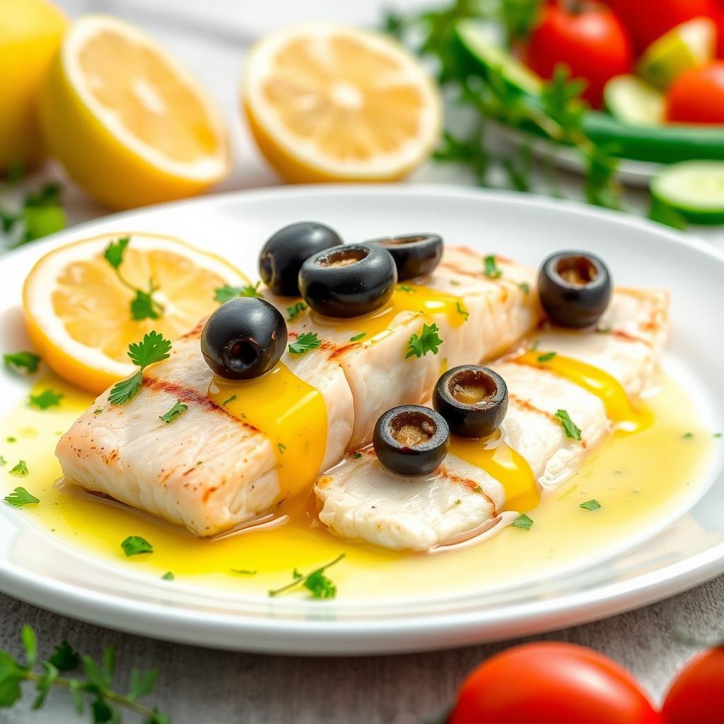 A delicious and healthy Greek-style dish featuring lemon and olives with fish
