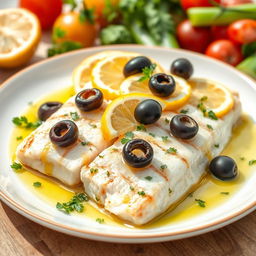 A delicious and healthy Greek-style dish featuring lemon and olives with fish