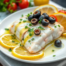 A delicious and healthy Greek-style dish featuring lemon and olives with fish