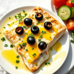 A delicious and healthy Greek-style dish featuring lemon and olives with fish
