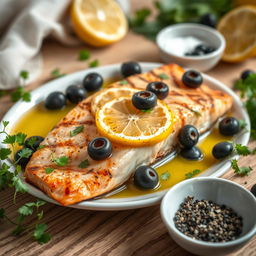 A delicious and healthy Greek-style dish, featuring grilled fish with lemon and olives