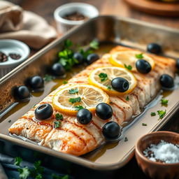 A delicious and healthy Greek-style dish, featuring grilled fish with lemon and olives