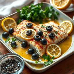 A delicious and healthy Greek-style dish, featuring grilled fish with lemon and olives