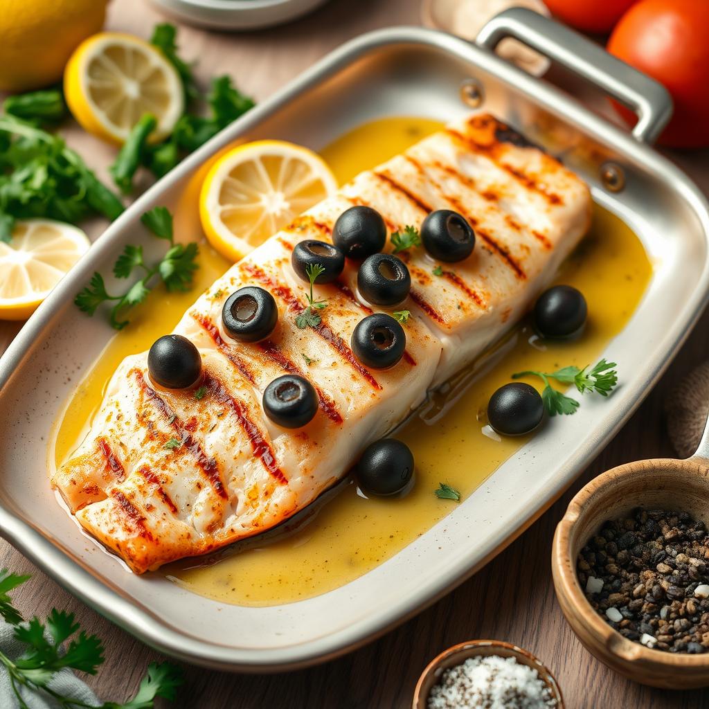 A delicious and healthy Greek-style dish, featuring grilled fish with lemon and olives