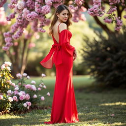 A stunning long red dress featuring elegant chiffon sleeves that flow gracefully, complemented by a beautiful bow at the back, creating a romantic and sophisticated silhouette